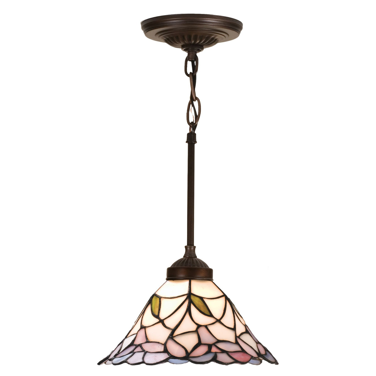 Tiffany-style pendant light with a bell-shaped white, pink, and green stained glass shade in bronze.