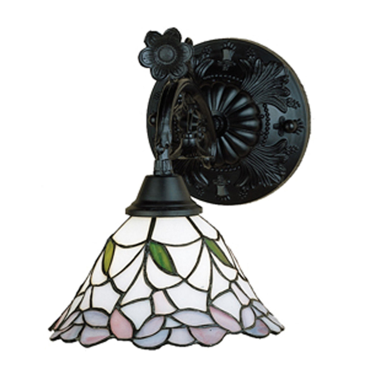 Vintage-style daffodil bell wall sconce with a floral stained glass lampshade and ornate black mounting.