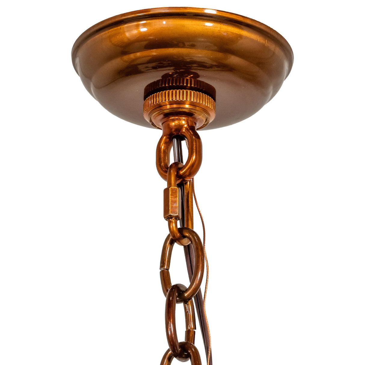 Ceiling canopy and hanging chain detail of acorn branch chandelier.