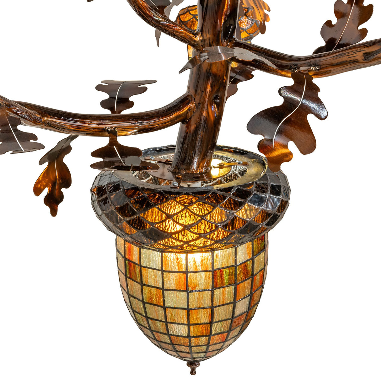 Close-up detail of the central stained glass acorn shade.