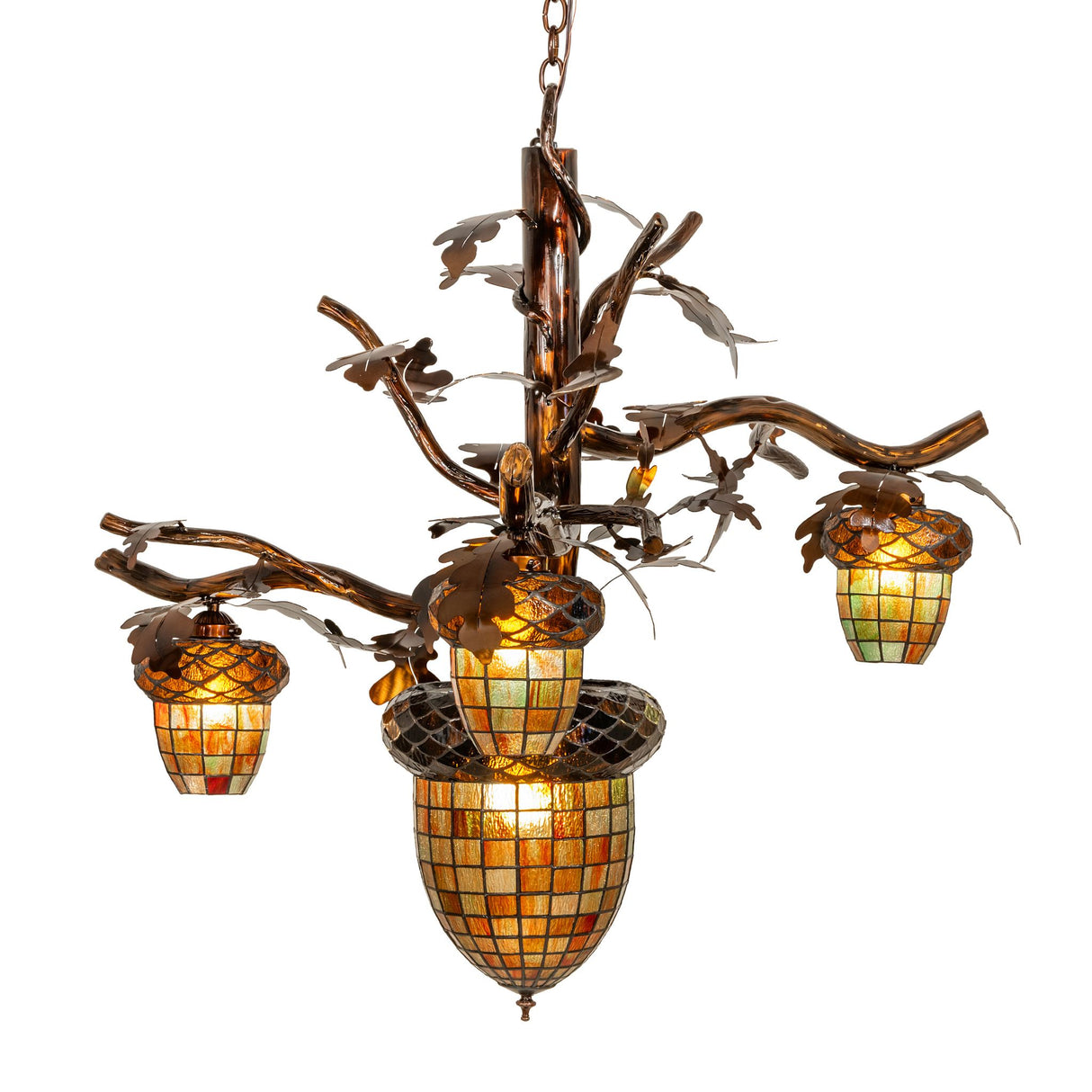 Side angle view showing multiple acorn shades on branching arms.