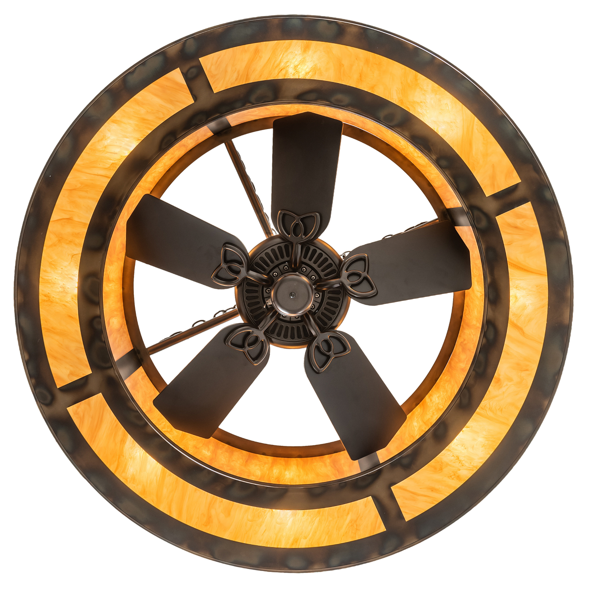 Bottom view perspective showing fan blades within amber light surround.