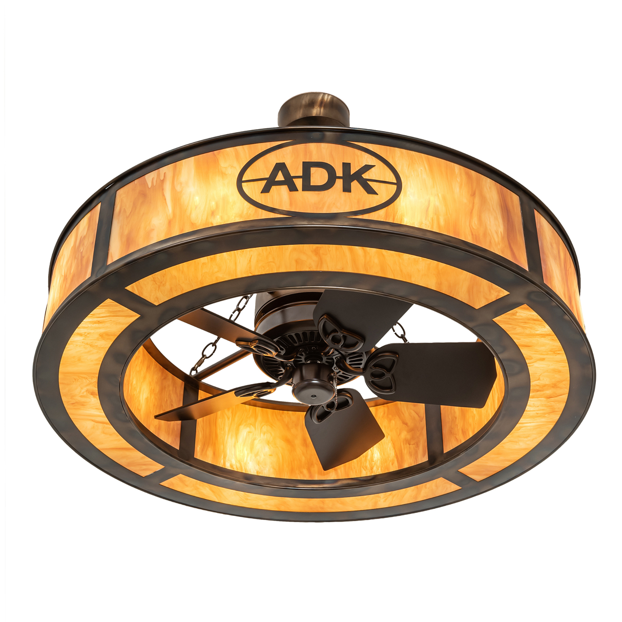 Bottom angle view revealing integrated fan and illuminated light ring.