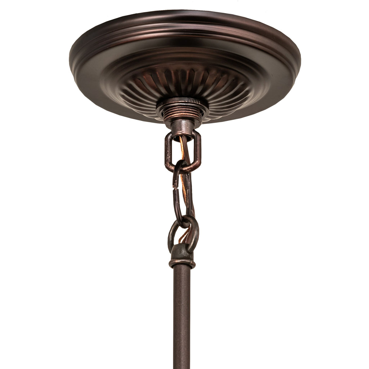 Close-up view of the mahogany bronze ceiling canopy and hanging chain.
