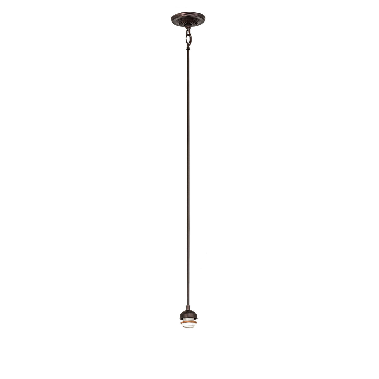Full view of adjustable mahogany bronze pendant hardware with long suspension rod.