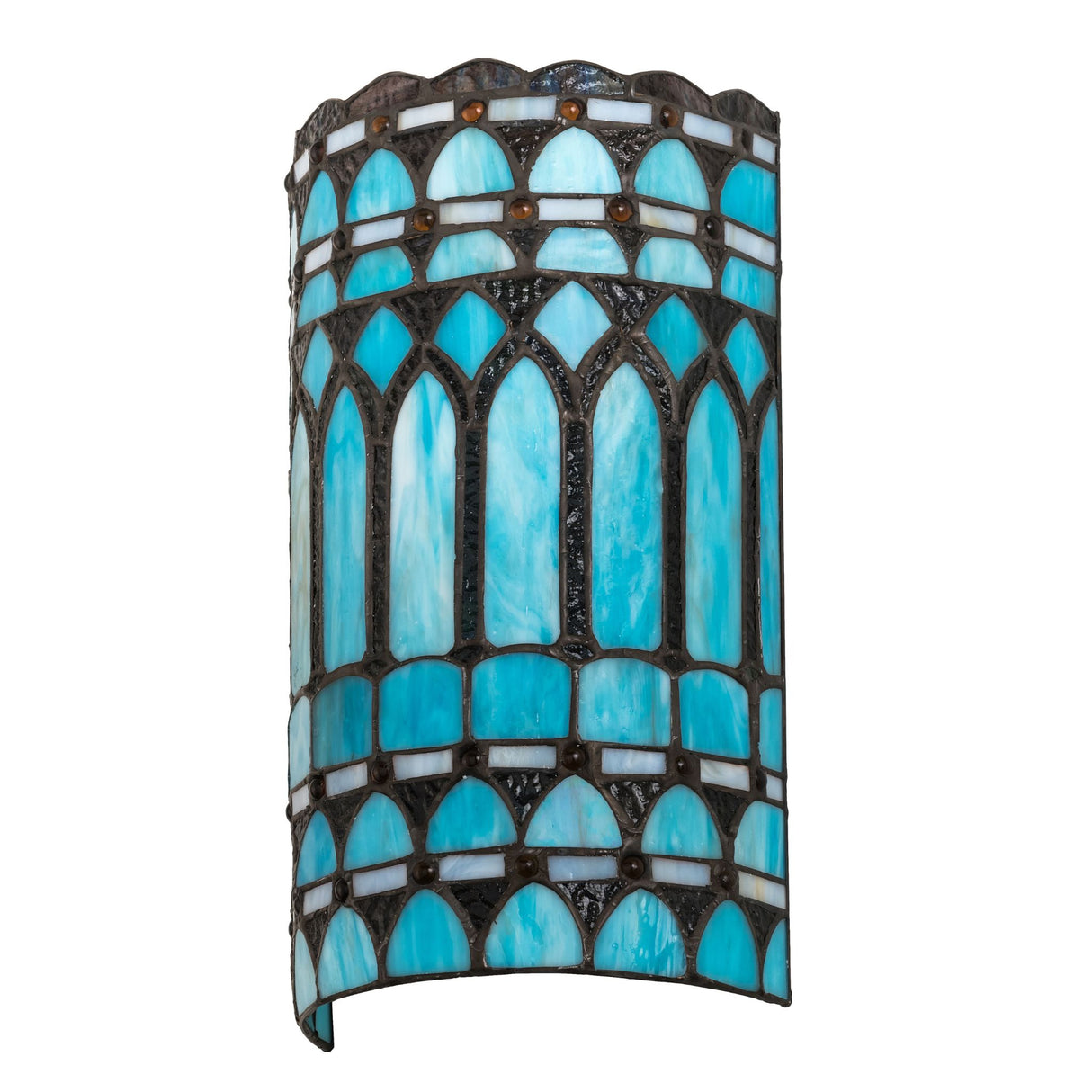 Angled view of the 8"W Aello Wall Sconce showcasing stained glass and amber accents.