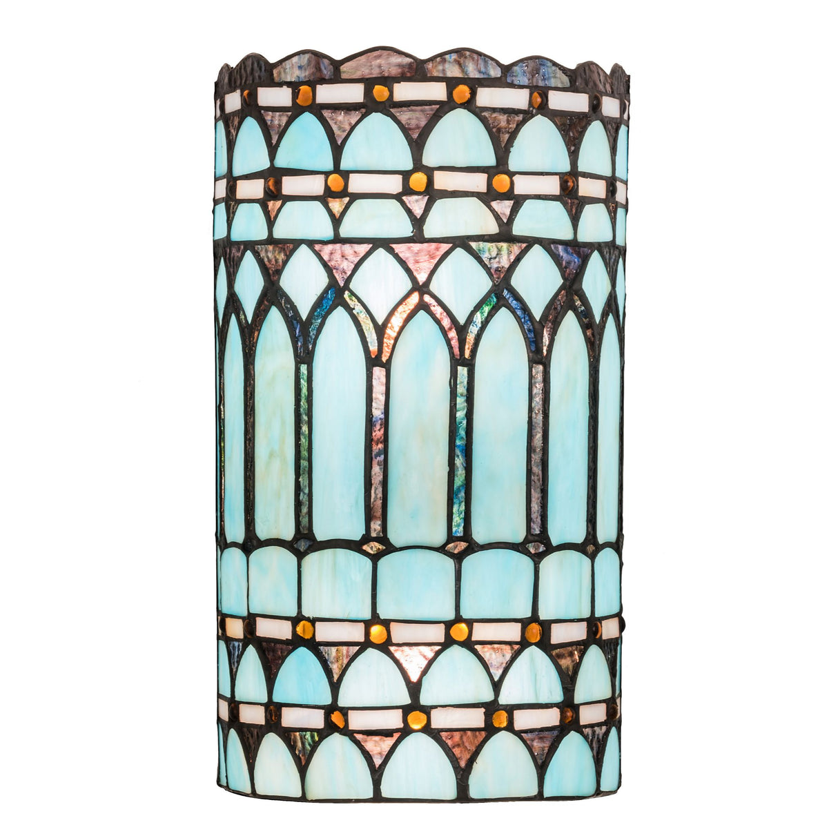 A detailed view of the Aello Wall Sconce with blue and aqua-toned stained glass.