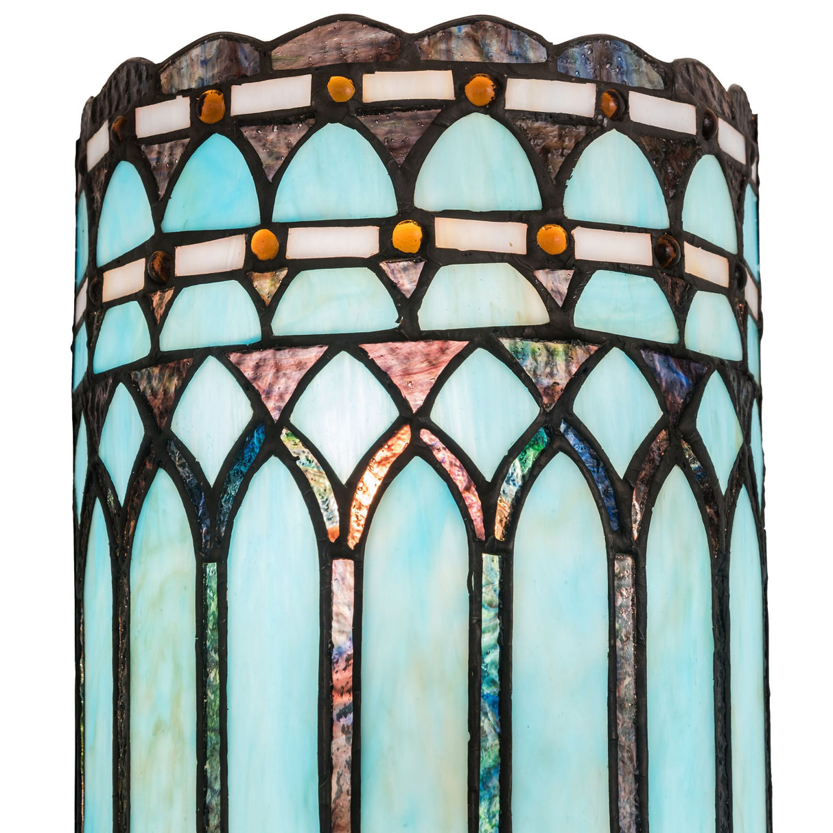 Closeup view of the vivid stained glass pattern on the Aello Wall Sconce.