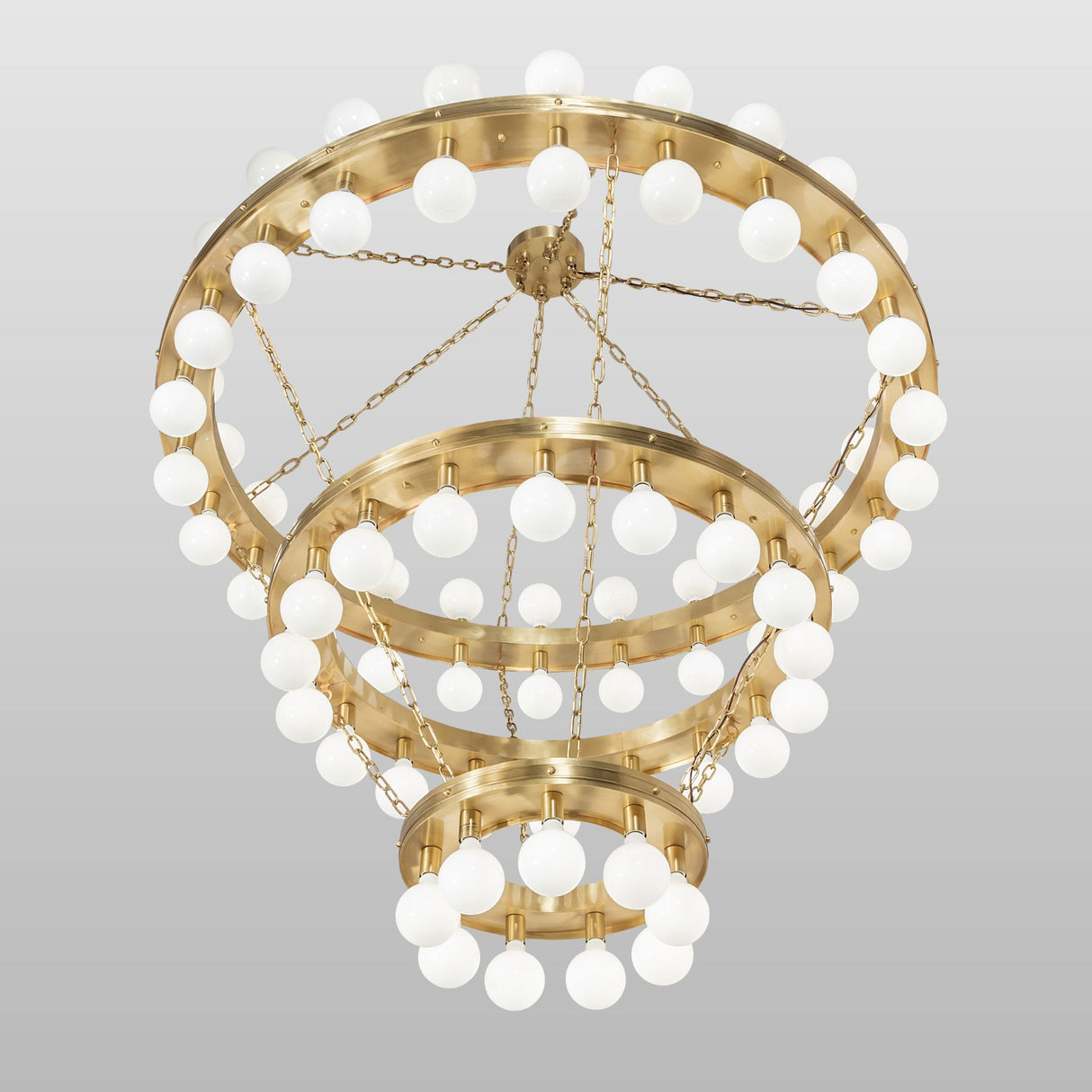 Albion chandelier low angle view emphasizing ring layout and globe bulbs.