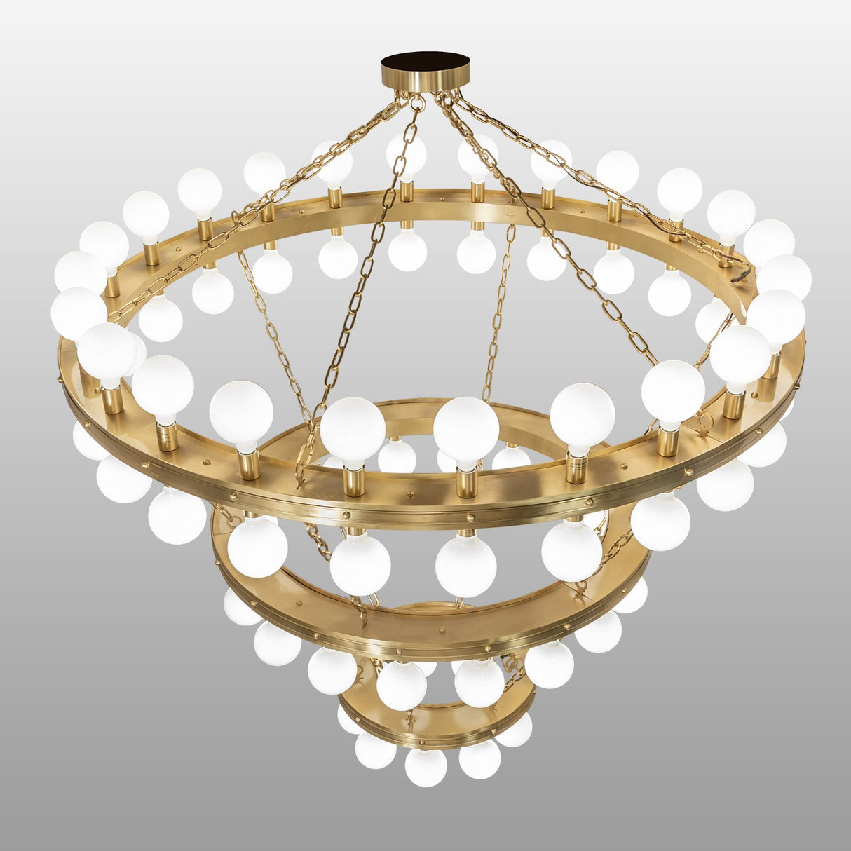 Albion chandelier overhead view showing ring tiers and globe bulbs.