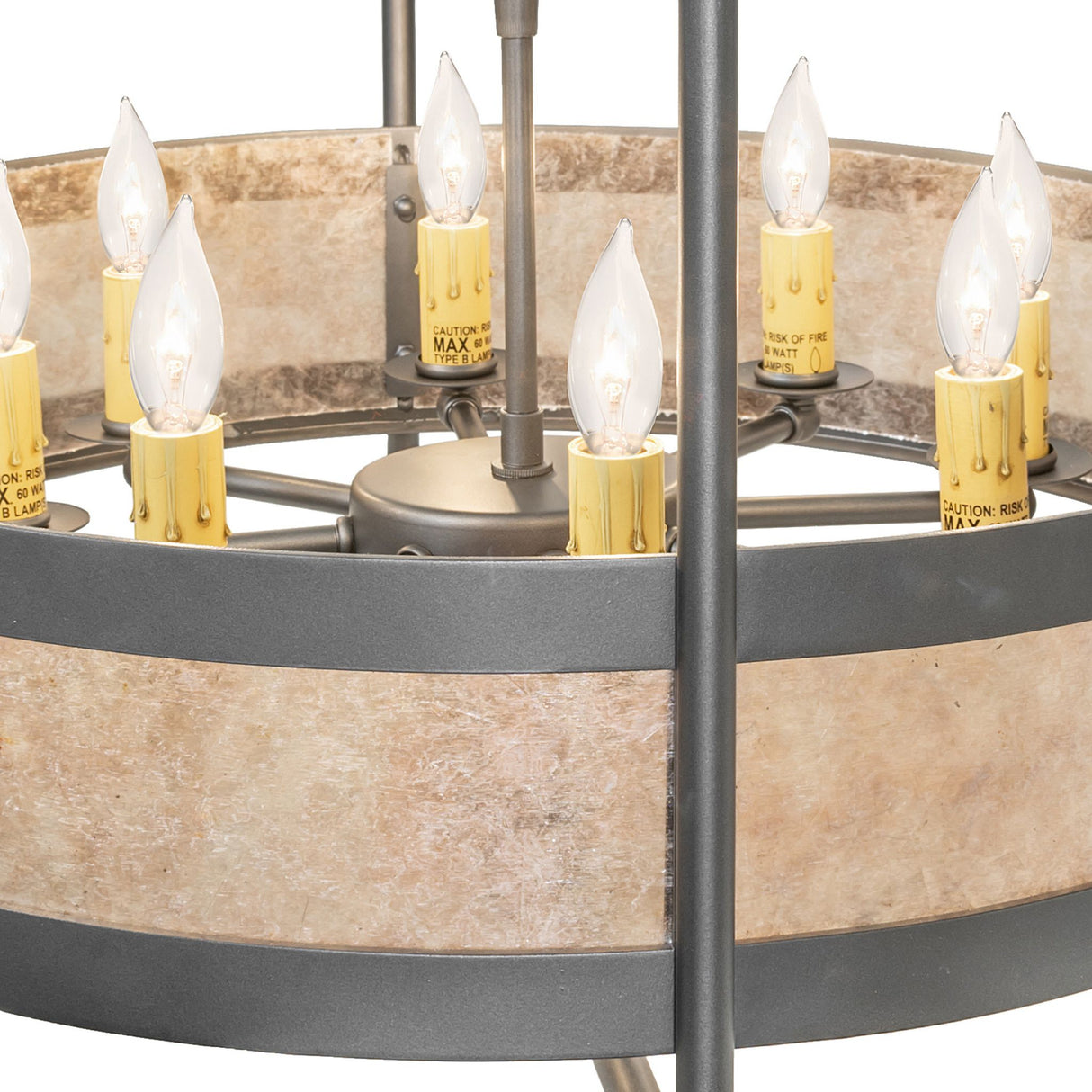 Close-up of Aldari chandelier faux candle lights and metal sockets.