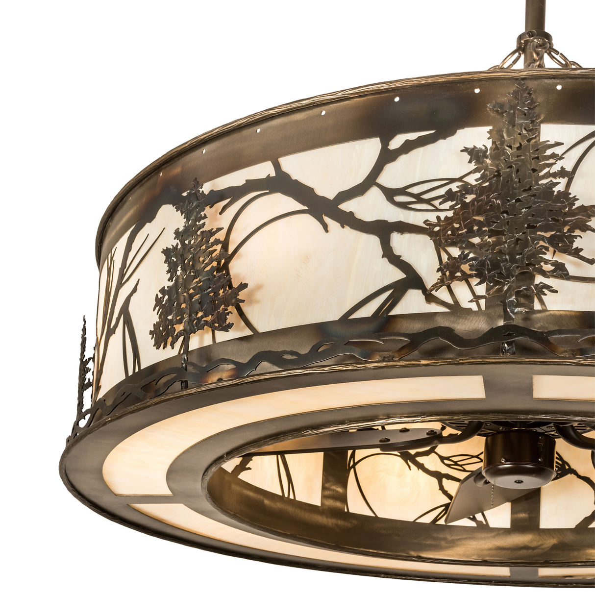 Close-up of Tamarack Chandel-Air showing detailed metal pine tree accents.