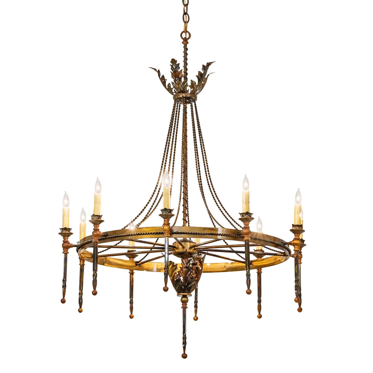 Amaury chandelier illuminated with ten faux candlelights and gold ring frame.