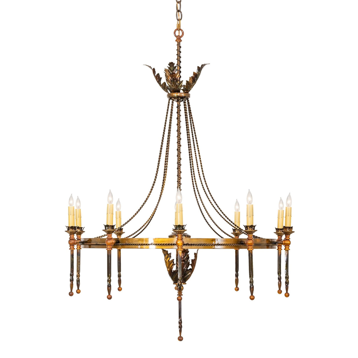 Side profile of Amaury chandelier showing rope trim and hanging chains.