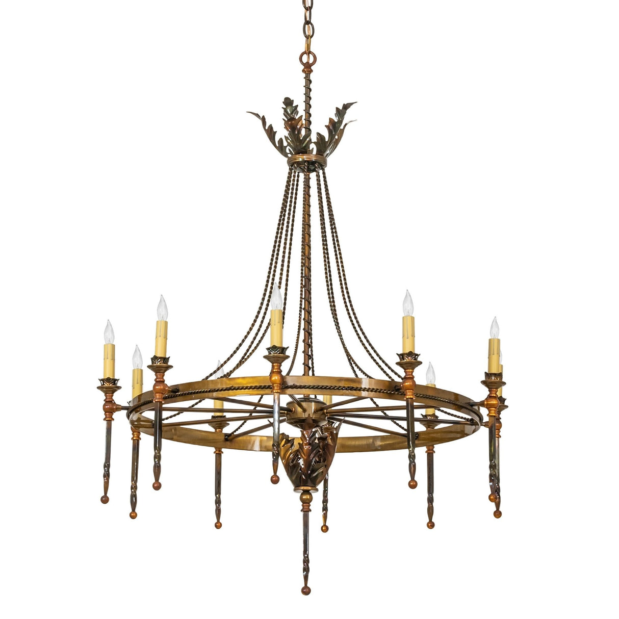 Amaury chandelier shown unlit highlighting burnished gold finish.