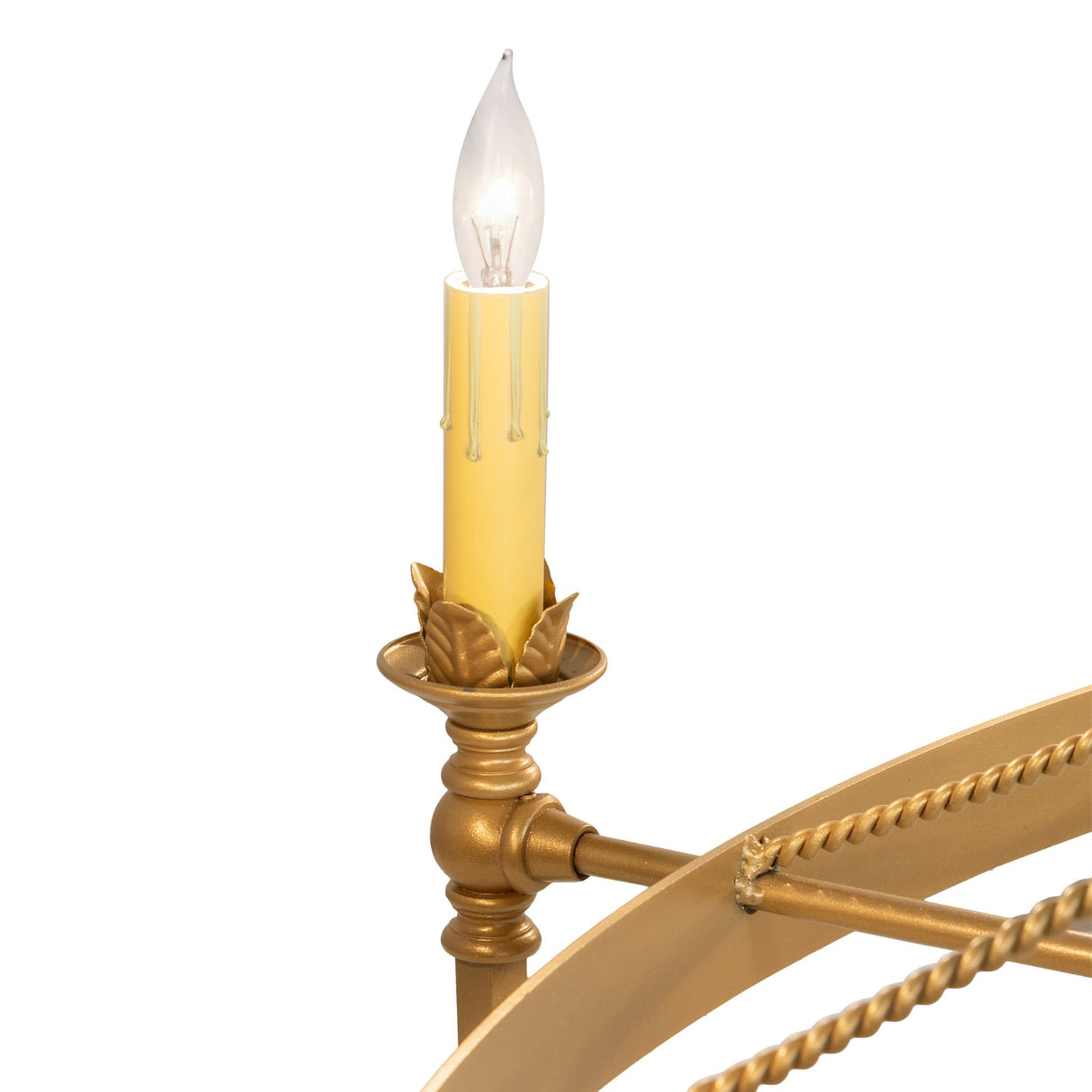 Detailed view of candle-style bulb and holder on chandelier showing refined craftsmanship.