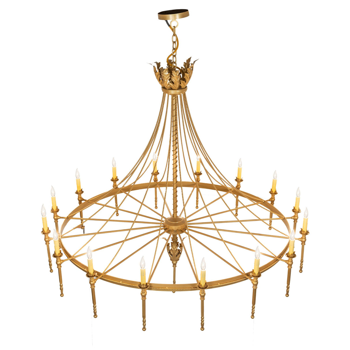 Top angle view of chandelier showing crown detail, suspension chains, and circular frame.