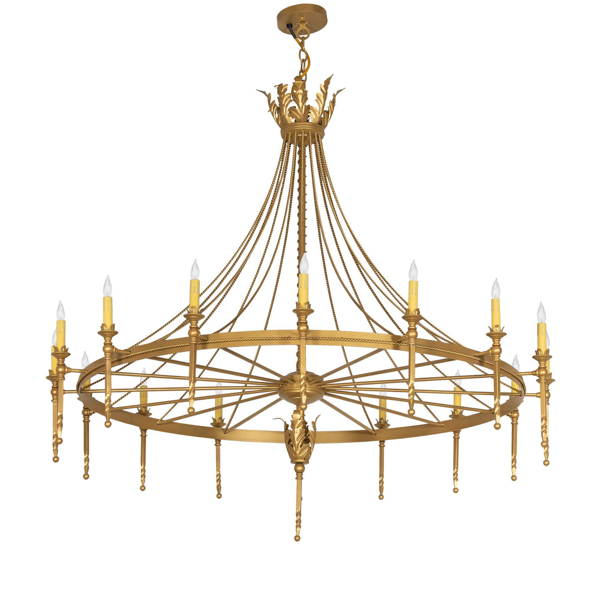 Unlit view of Amaury 16-light chandelier highlighting gold circular frame, chains, and candle holders.