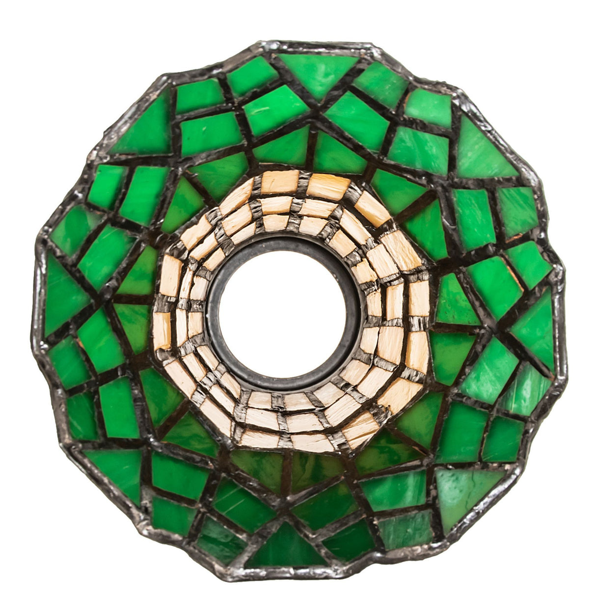 A bottom view showcasing the intricate design of the amber and green stained glass Pond Lily shade.