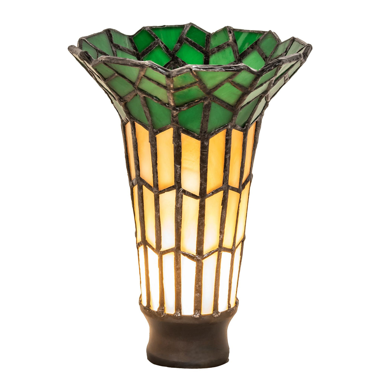A stunning front view of the amber and green stained glass Pond Lily shade.