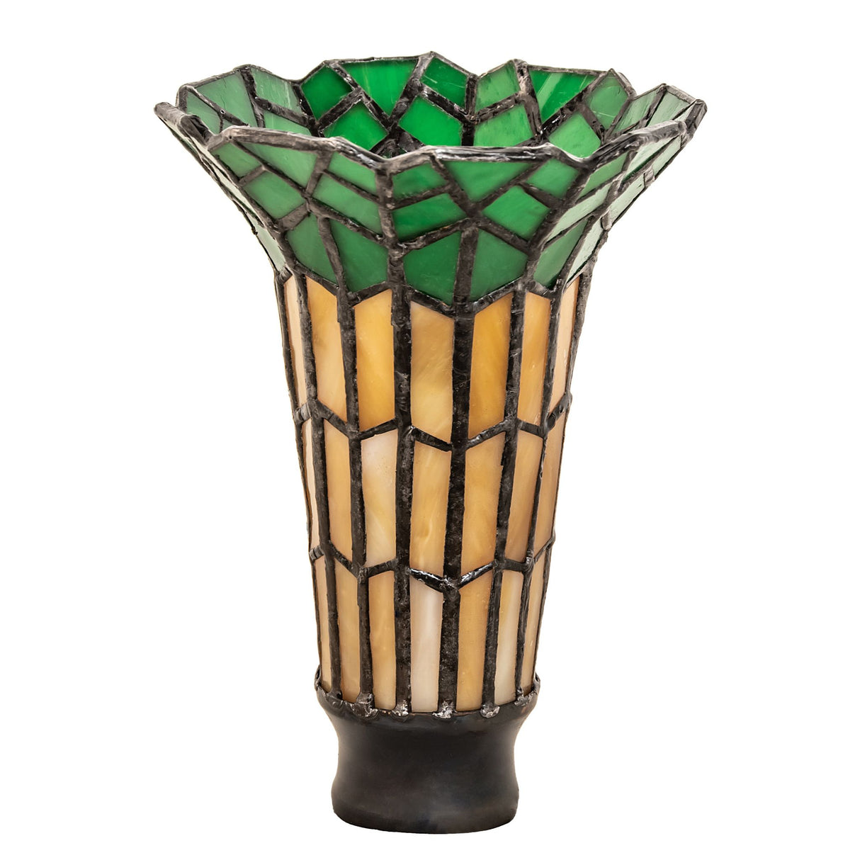 A detailed side view of the amber and green stained glass Pond Lily shade.