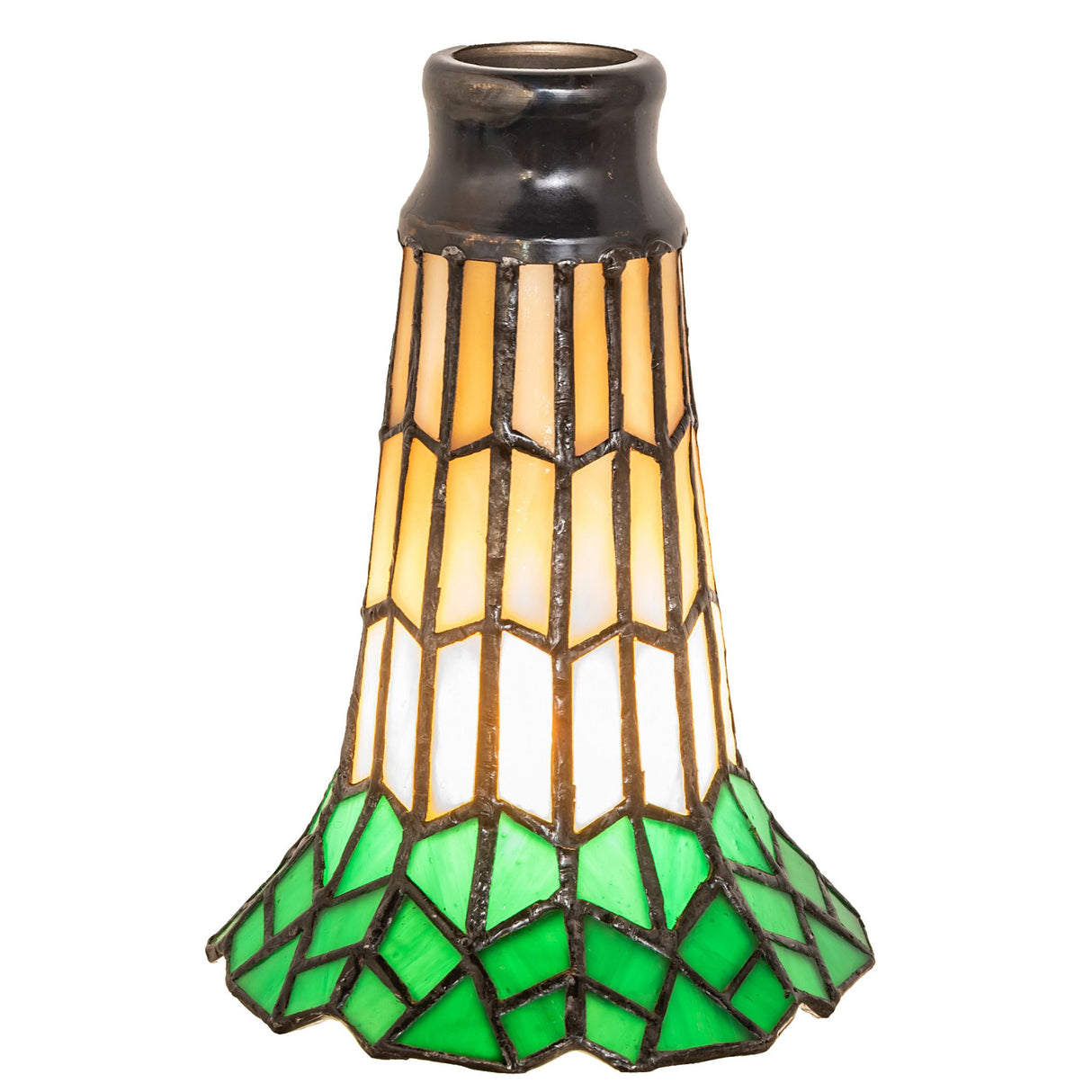 A close-up top view of the amber and green stained glass Pond Lily shade.