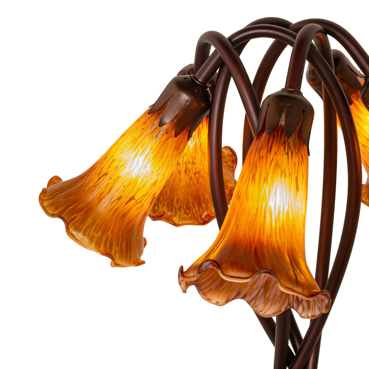 Warm amber glass shades with rich textures glowing vividly.