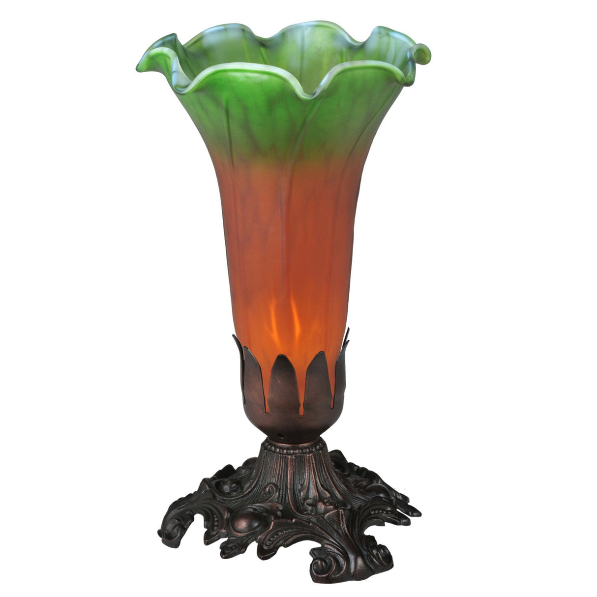 Amber and green Pond Lily accent lamp with an ornate Mahogany Bronze base.
