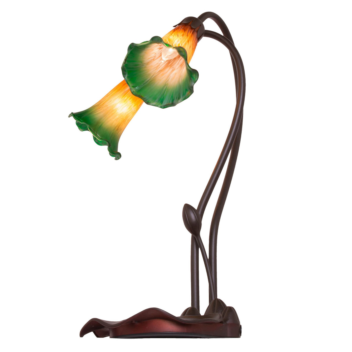 Angled view of the Amber/Green Pond Lily accent lamp with its artistic stems and shades.