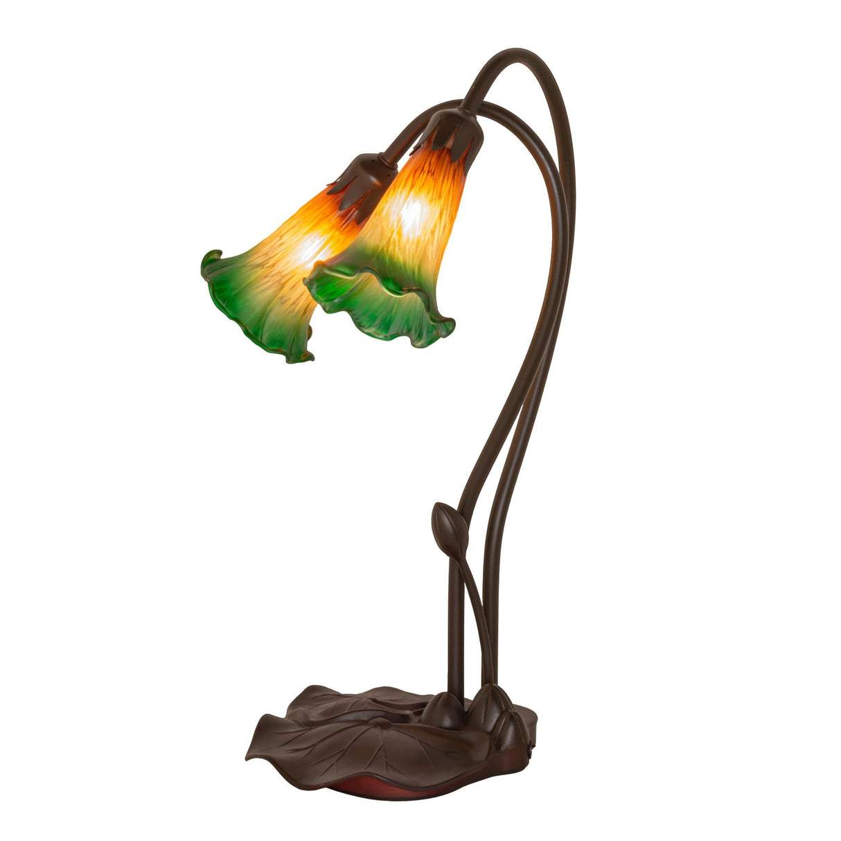 Main view of the Amber/Green Pond Lily 2-light accent lamp with Mahogany Bronze finish.