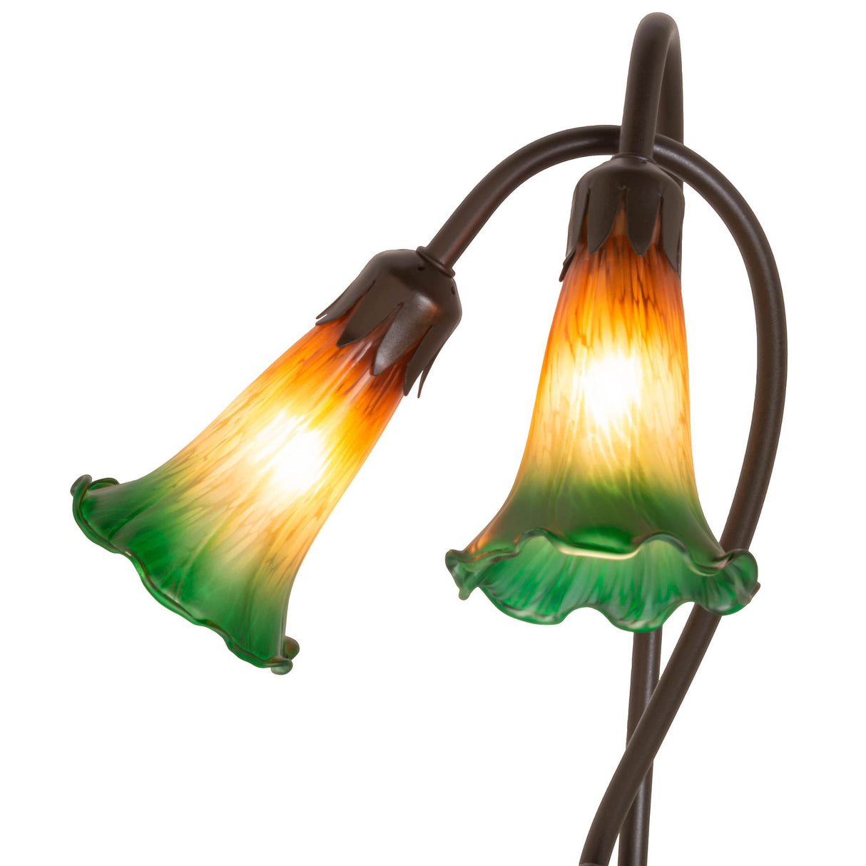 Closeup view of the Amber/Green Pond Lily lamp’s hand-blown glass shade.
