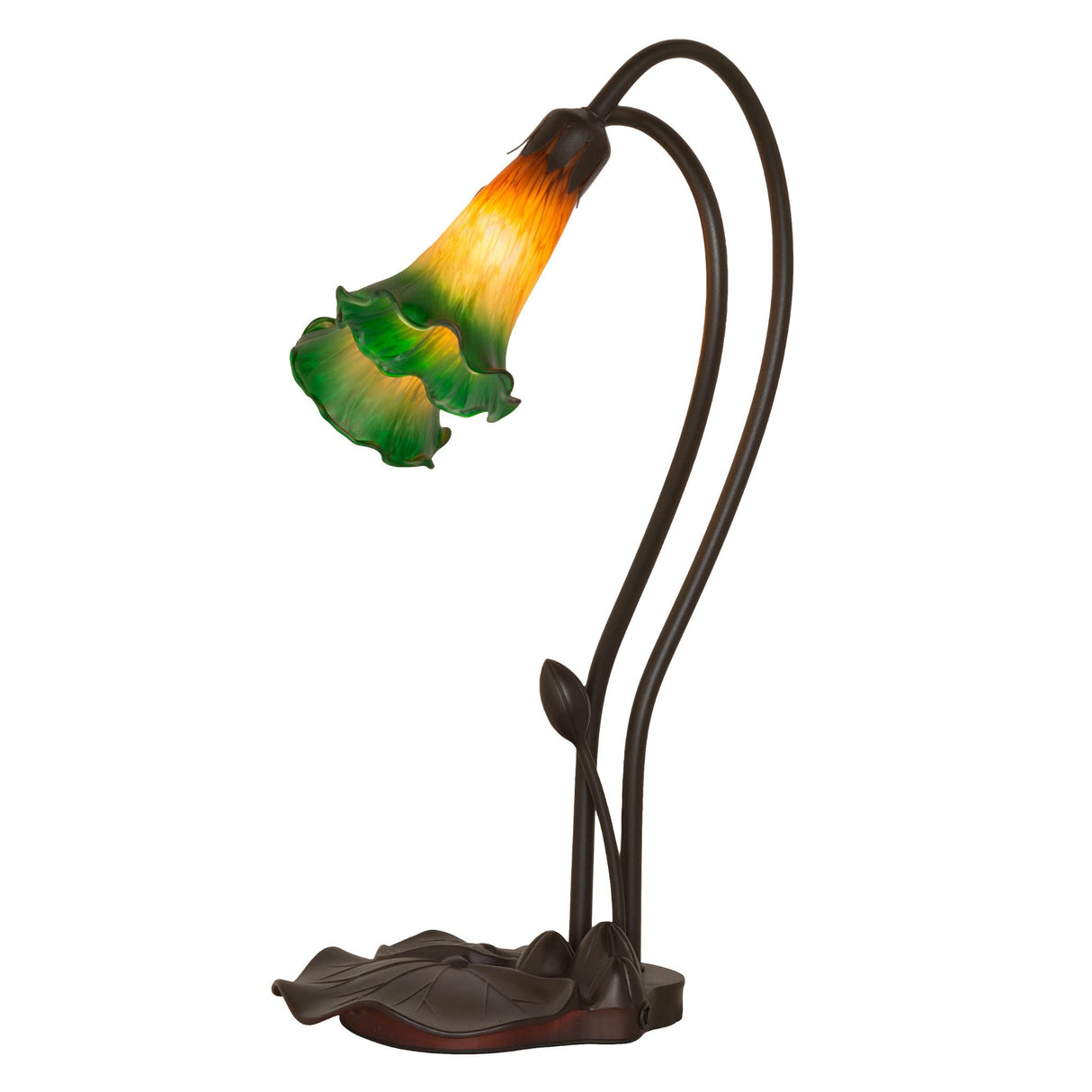 Side view of the Amber/Green Pond Lily accent lamp with delicately winding stems.