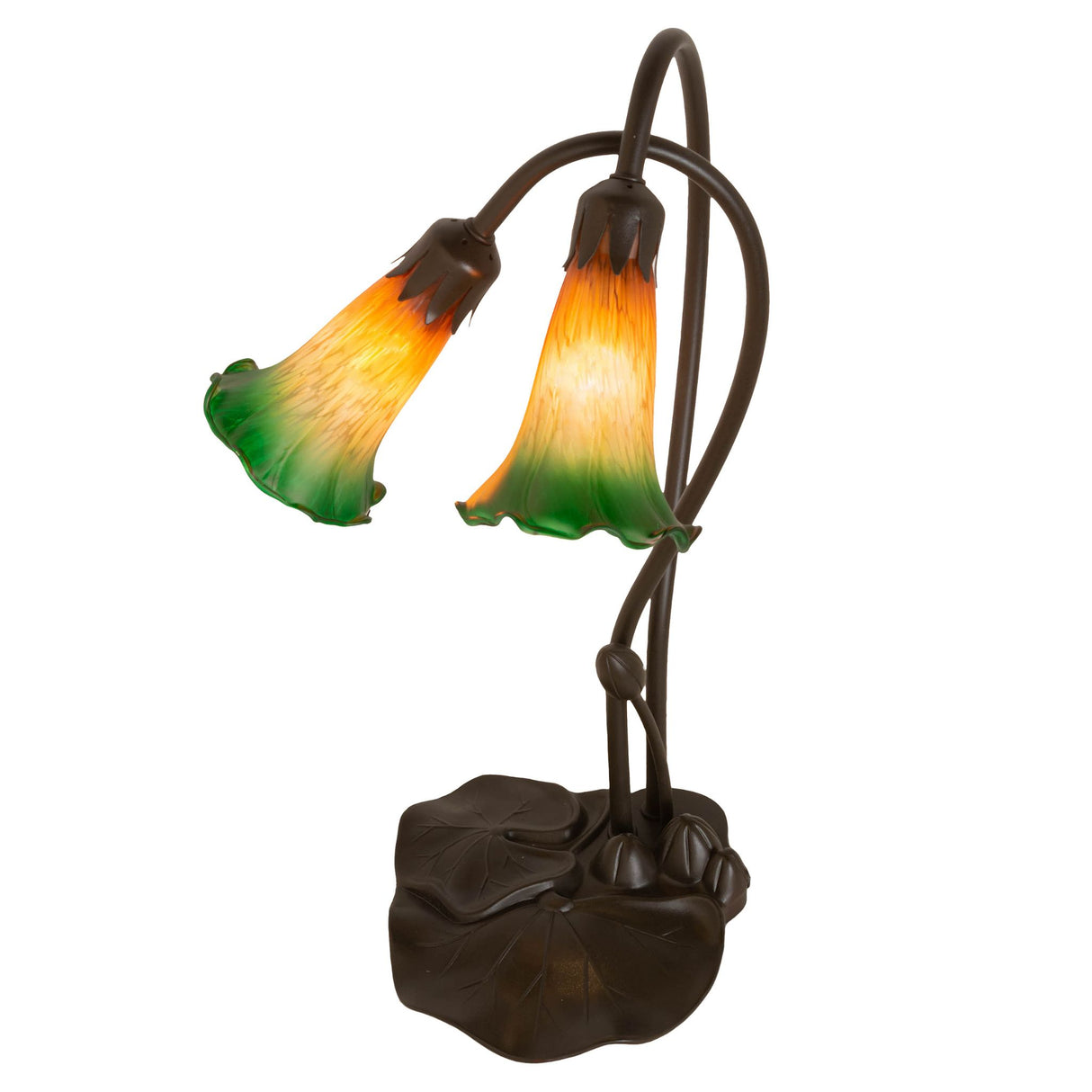 Top view of the Amber/Green Pond Lily accent lamp highlighting the arrangement of its glass shades.