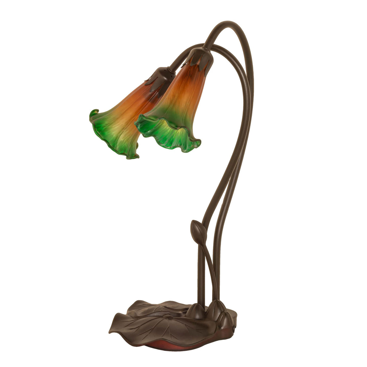 Unlit view of the Amber/Green Pond Lily accent lamp showcasing its fine art glass shades.