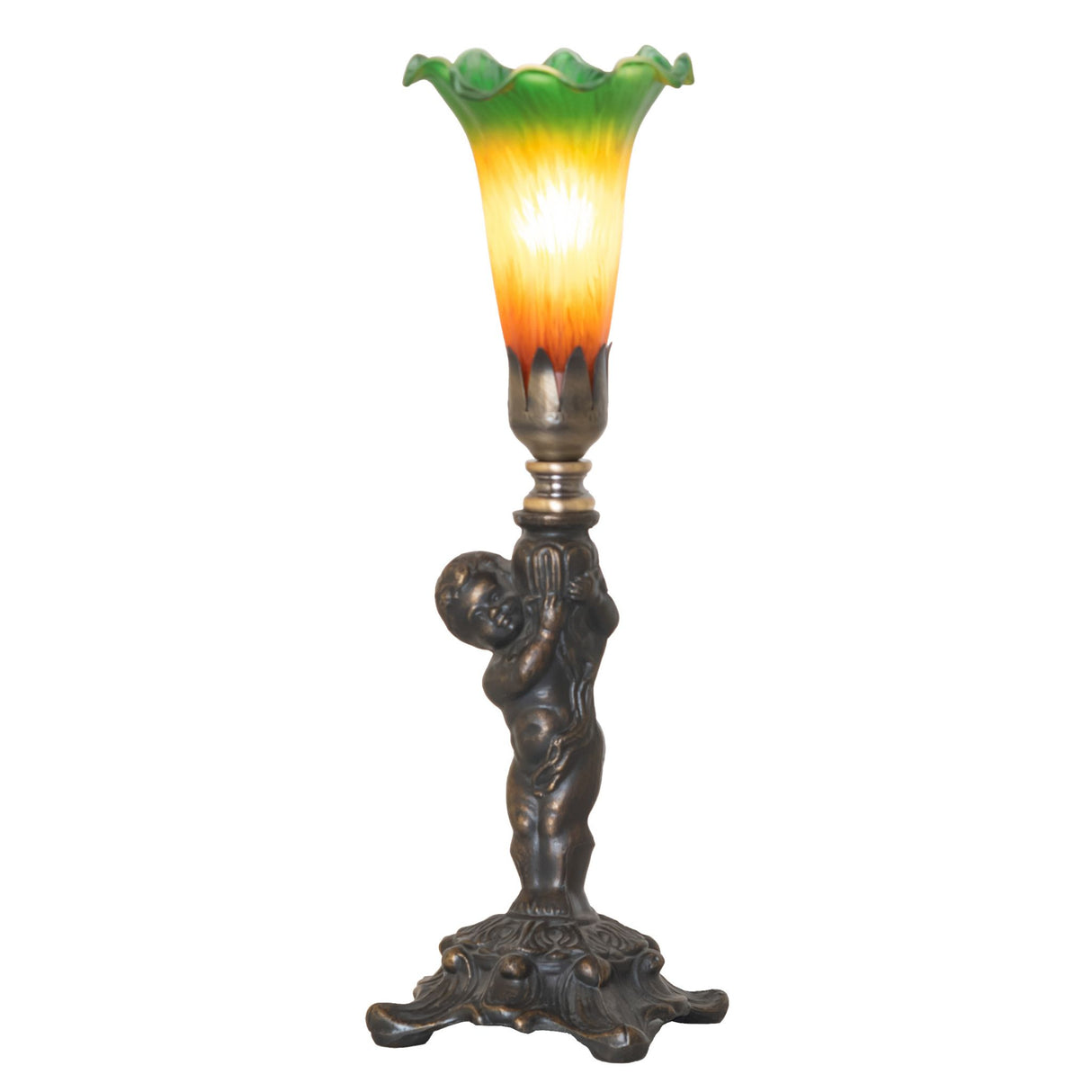 Lit view of Amber and green pond lily mini lamp with cherub base.