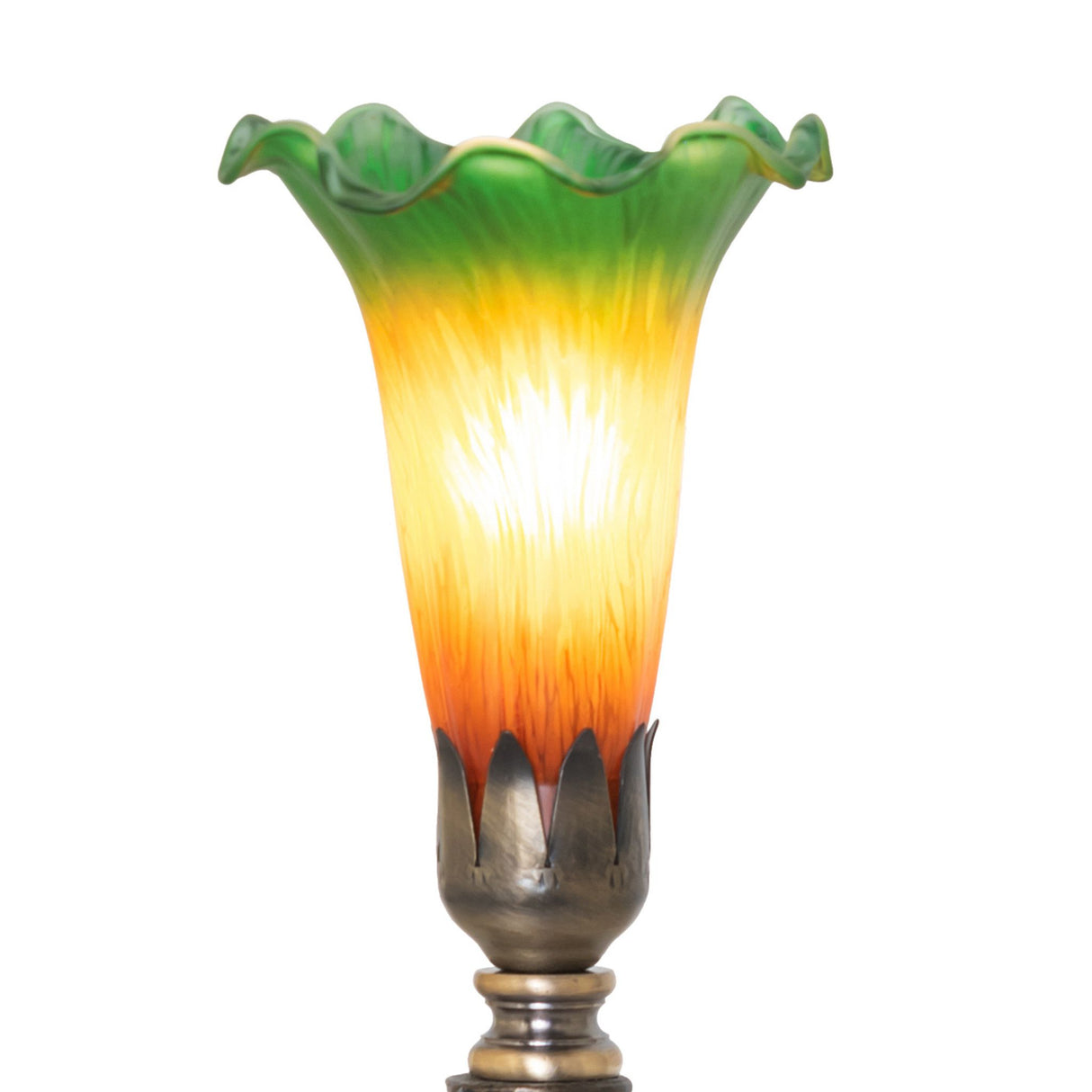 Close-up of amber and green pond lily glass shade with ruffled edge.
