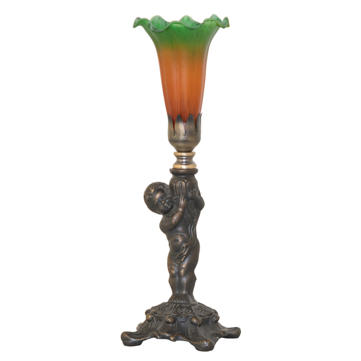 Unlit view of Amber and green pond lily mini lamp with cherub base.