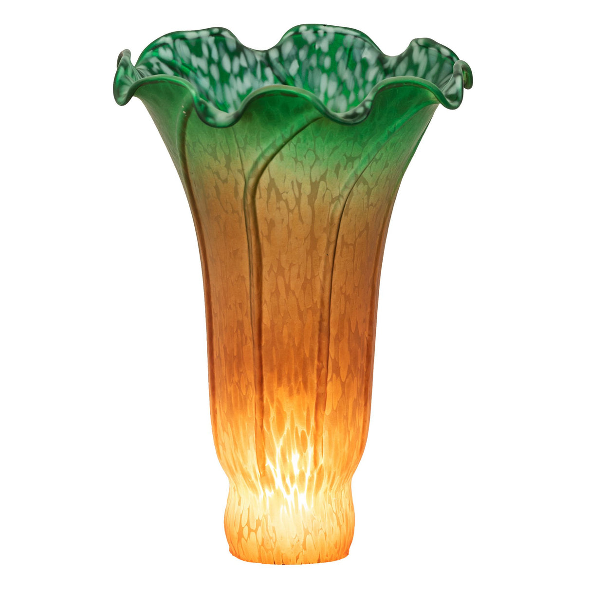 Lit view of amber and green pond lily glass shade.