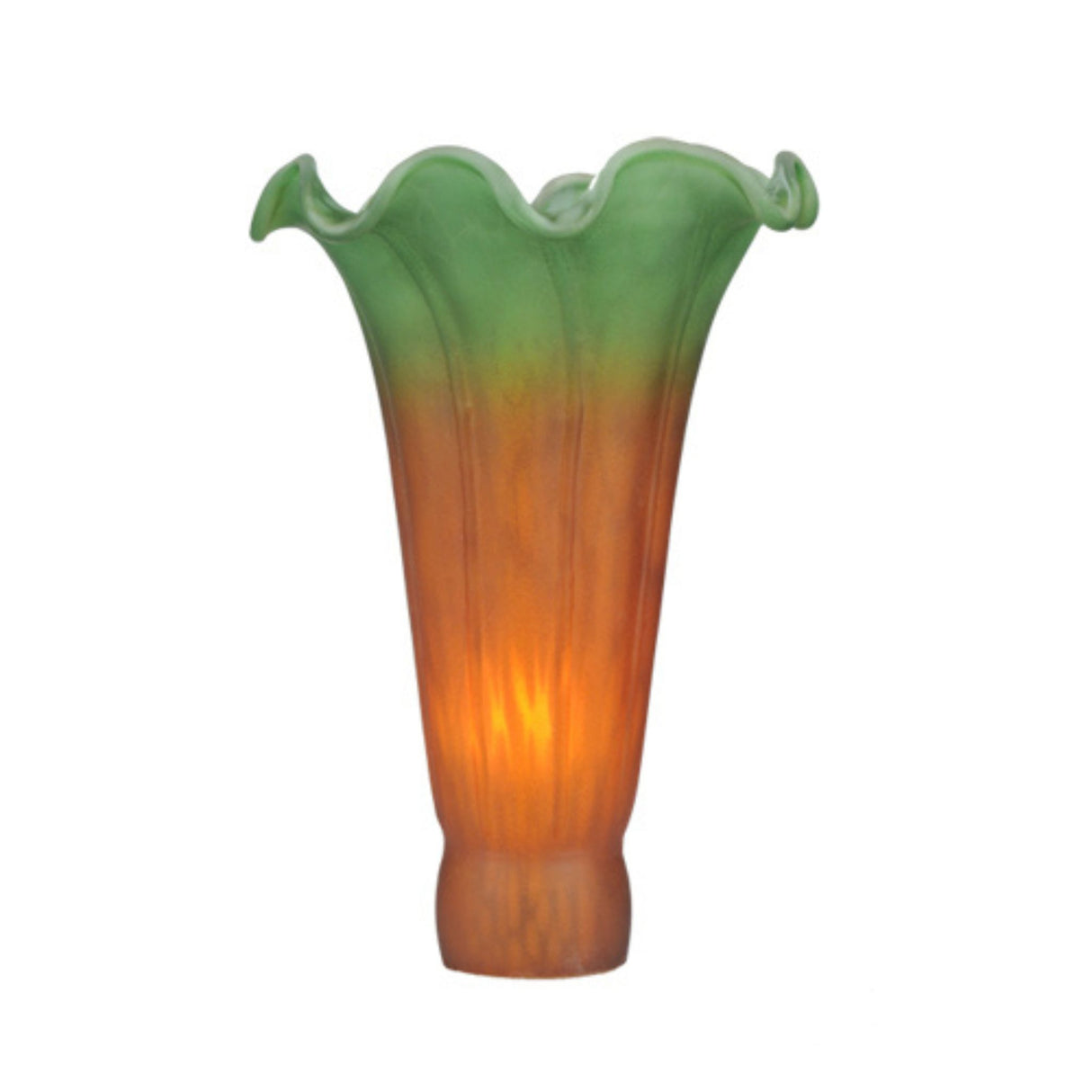 Side view of amber and green pond lily glass shade.