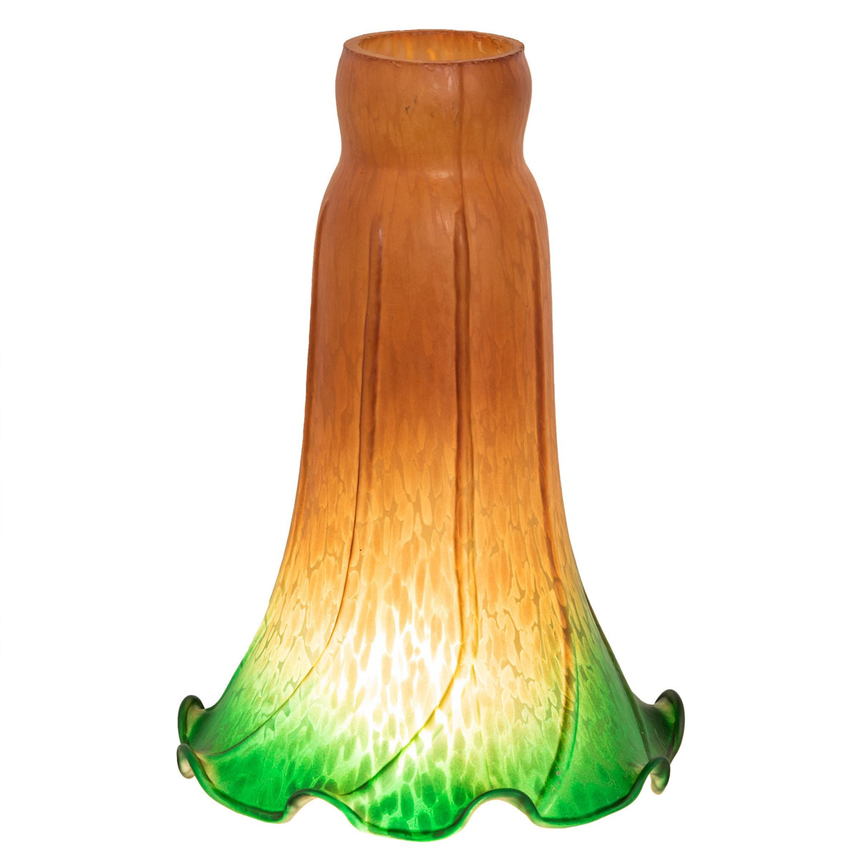 Side view of amber and green pond lily glass shade.