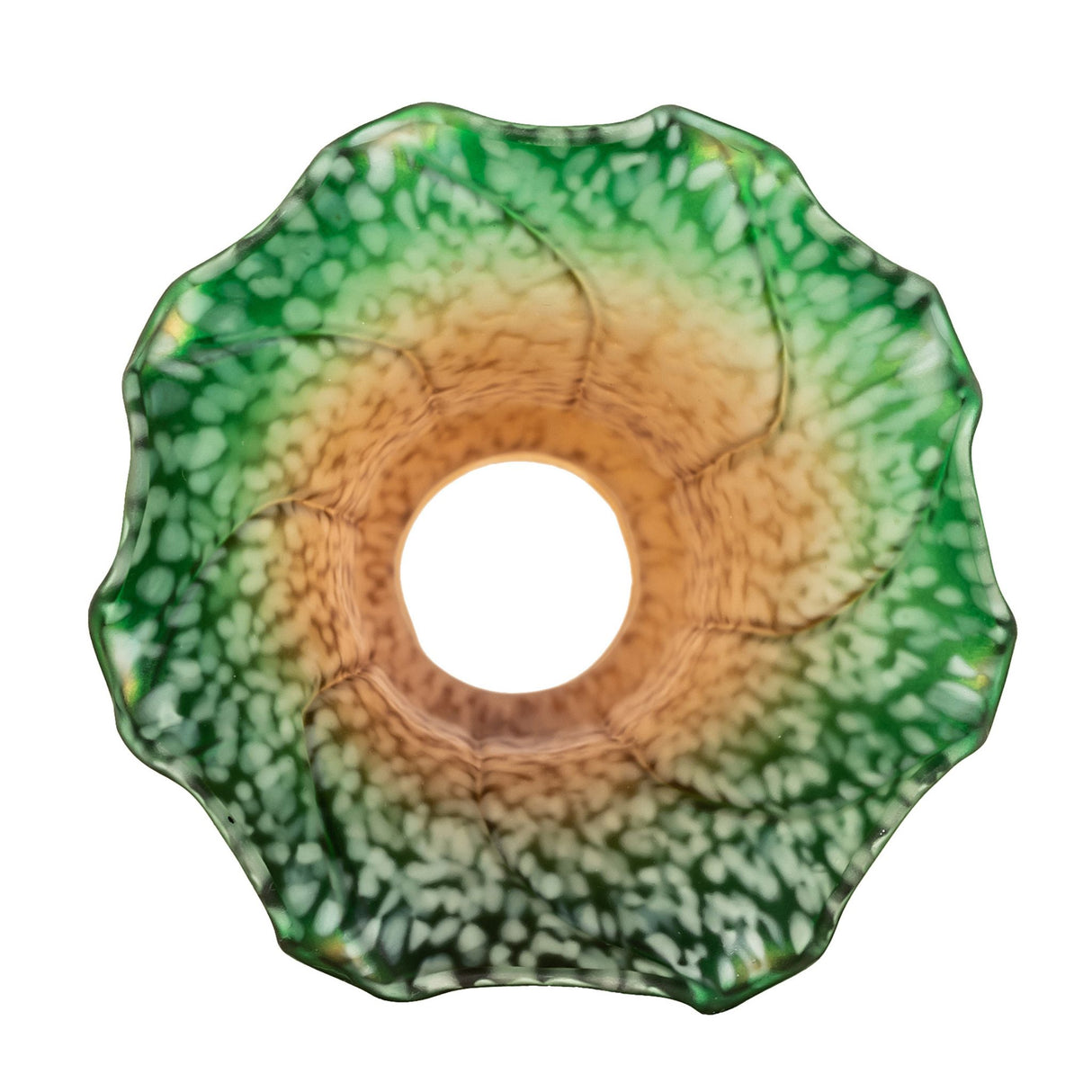 Top view of green and amber fluted pond lily shade.