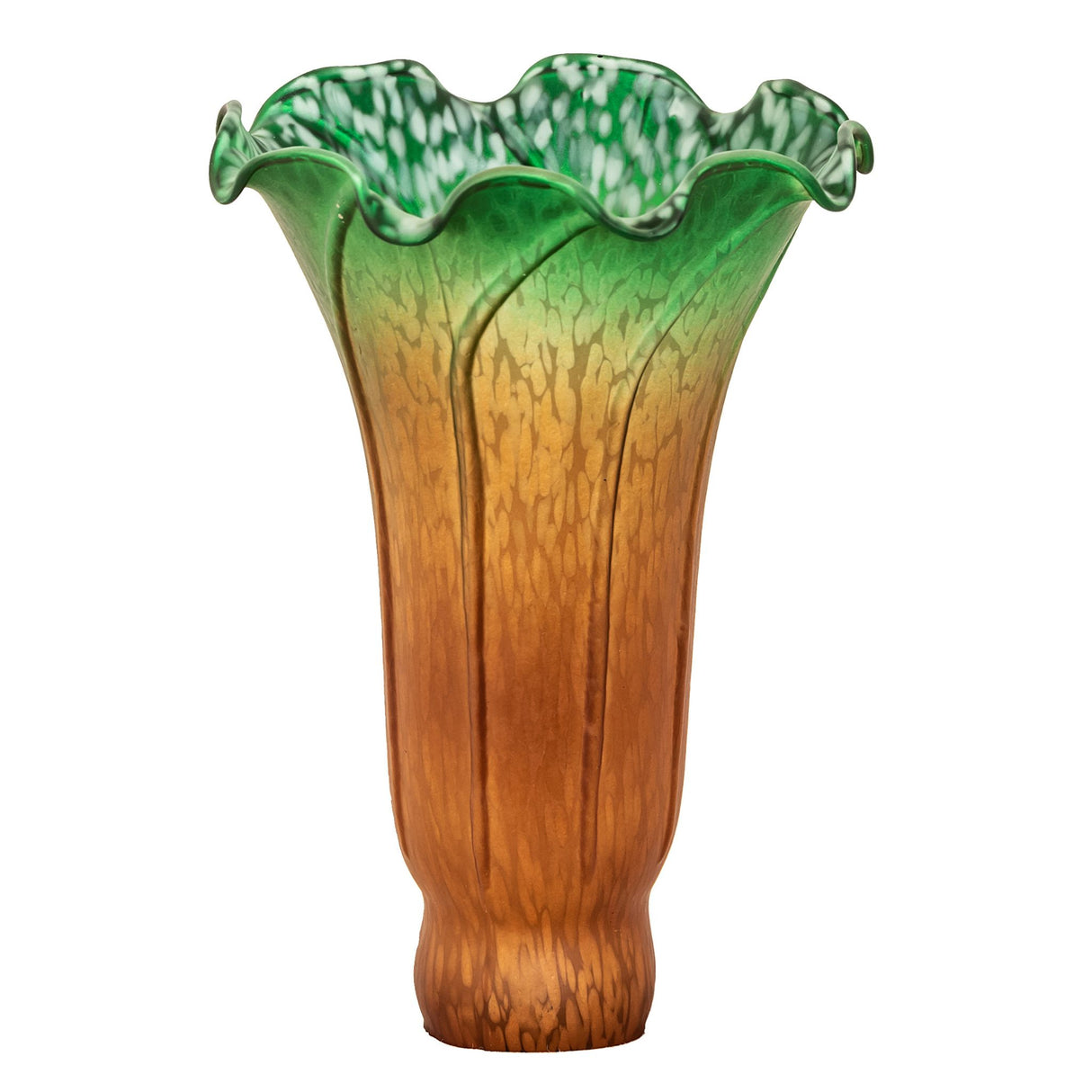 Unlit view of amber and green pond lily glass shade.