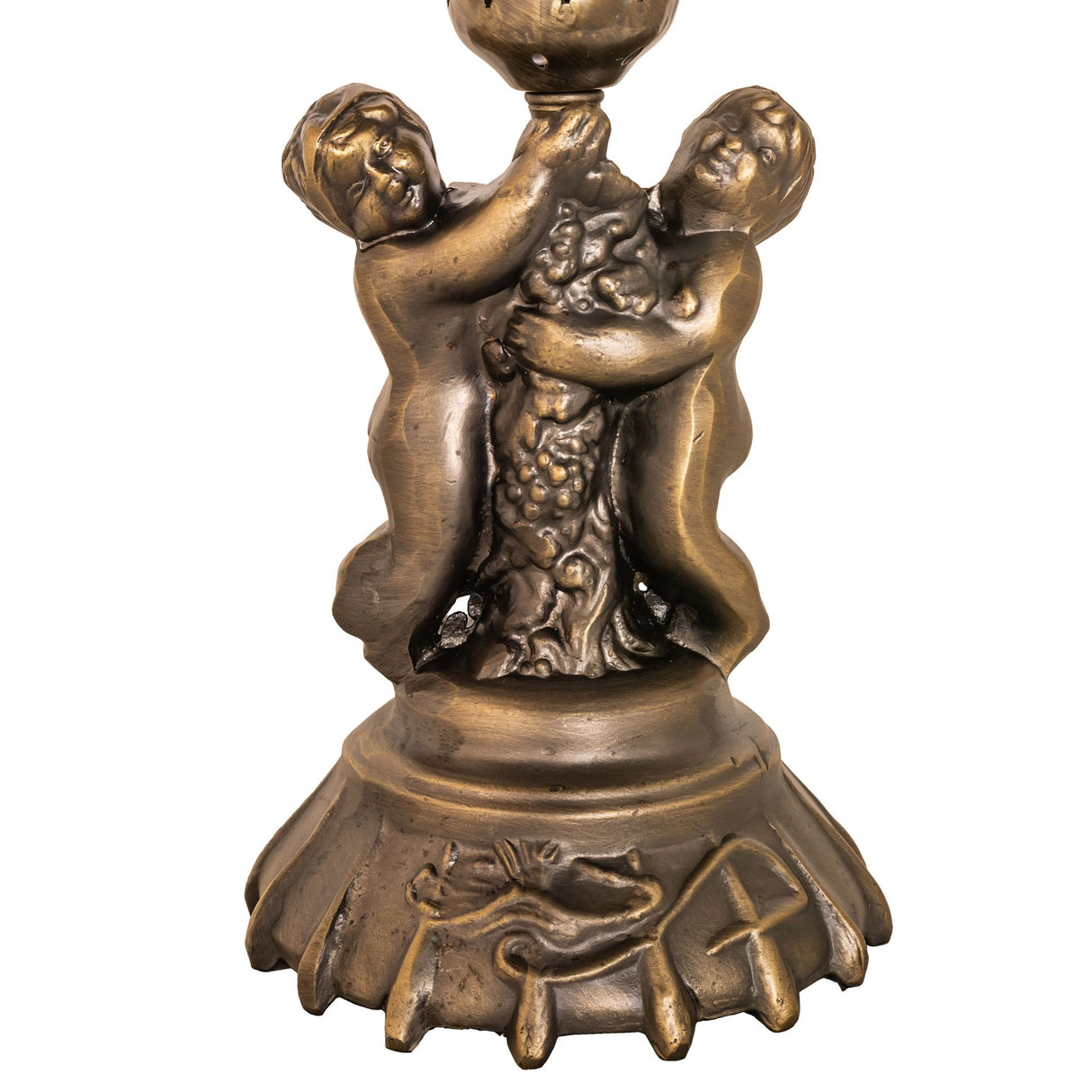 Close-up of antique brass cherub base on pond lily lamp