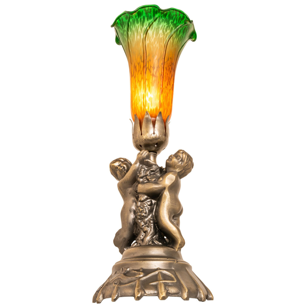 Tiffany pond lily twin cherub lamp viewed from a bottom angle.