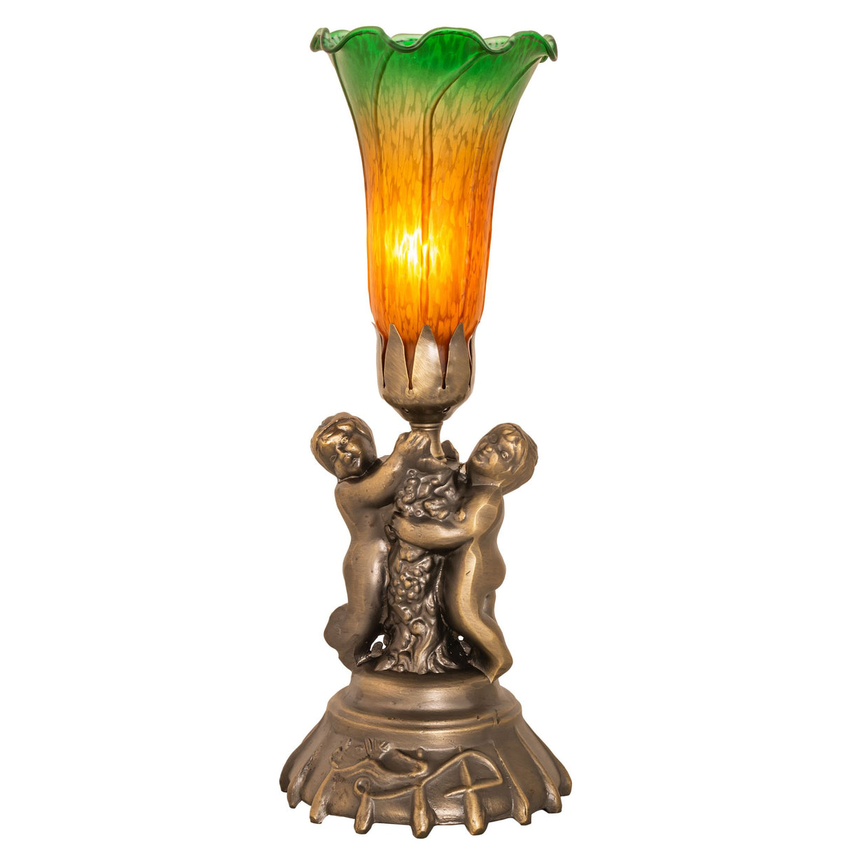Front view of amber and green pond lily twin cherub accent lamp.