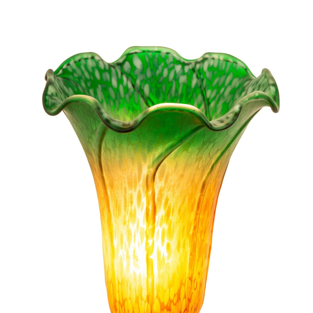 Close-up of green and amber lily glass shade details.