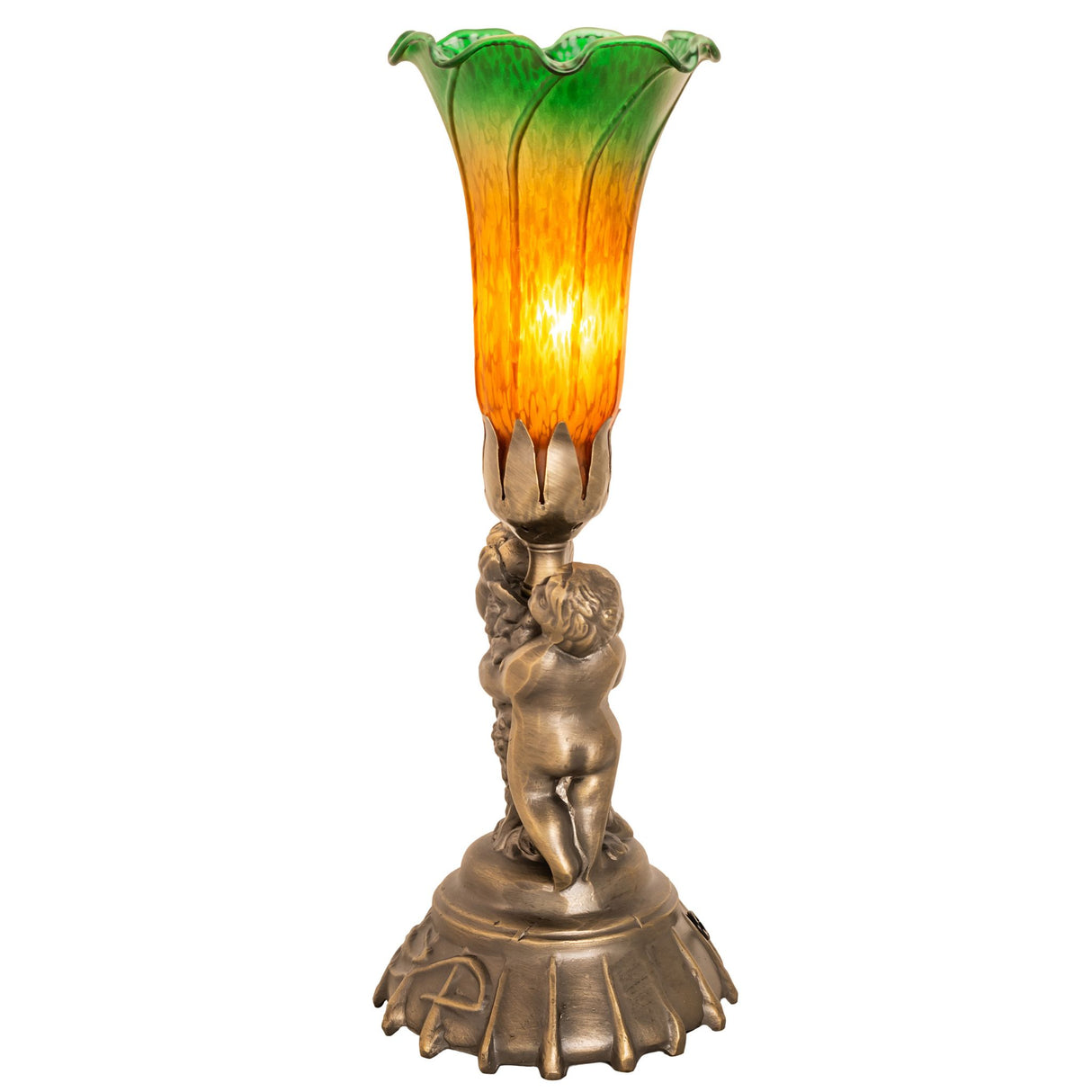 Side view of pond lily lamp with antique brass cherubs.