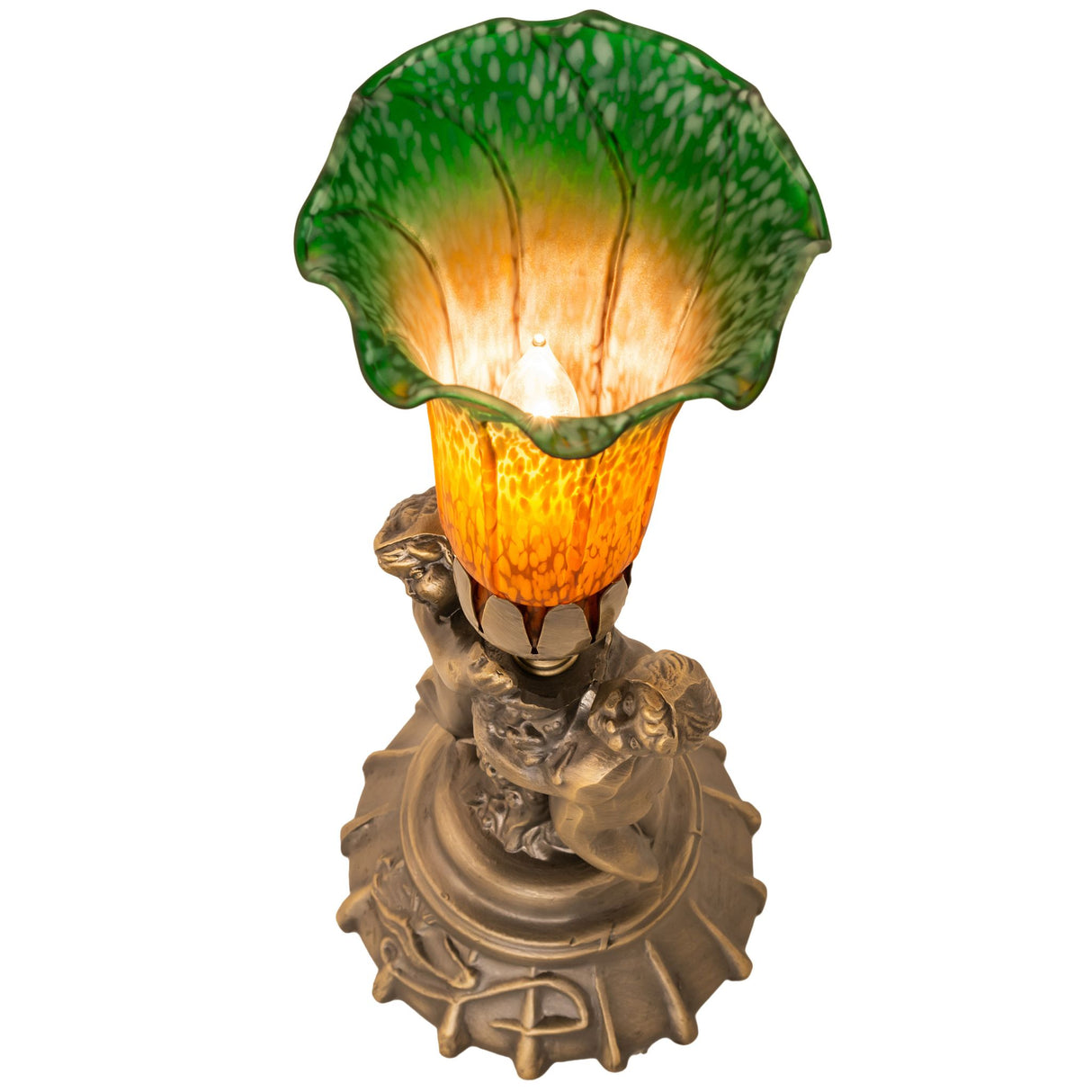 Top angle view of illuminated amber and green lily shade.