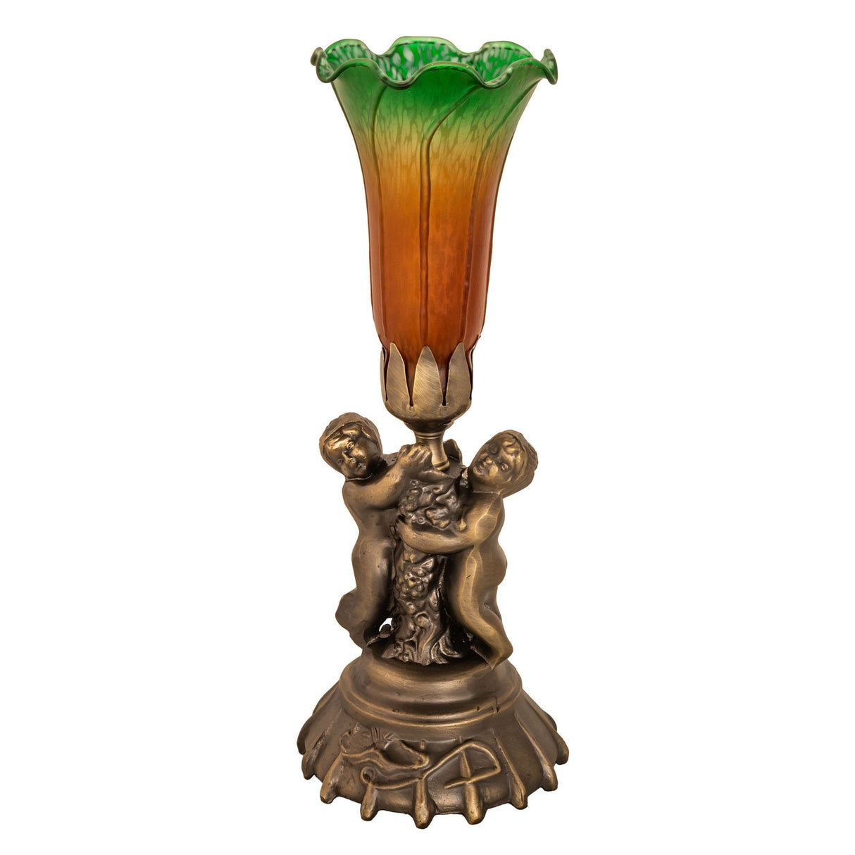 Unlit amber and green pond lily lamp with twin cherub base.