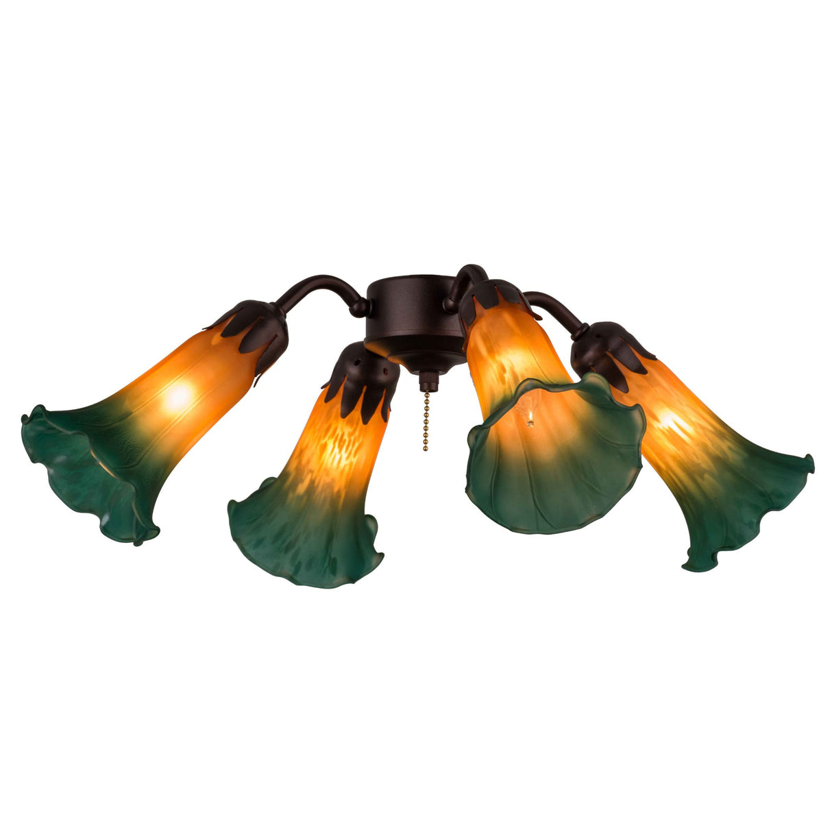 Illuminated Tiffany-style amber and green 4-light fan fixture.